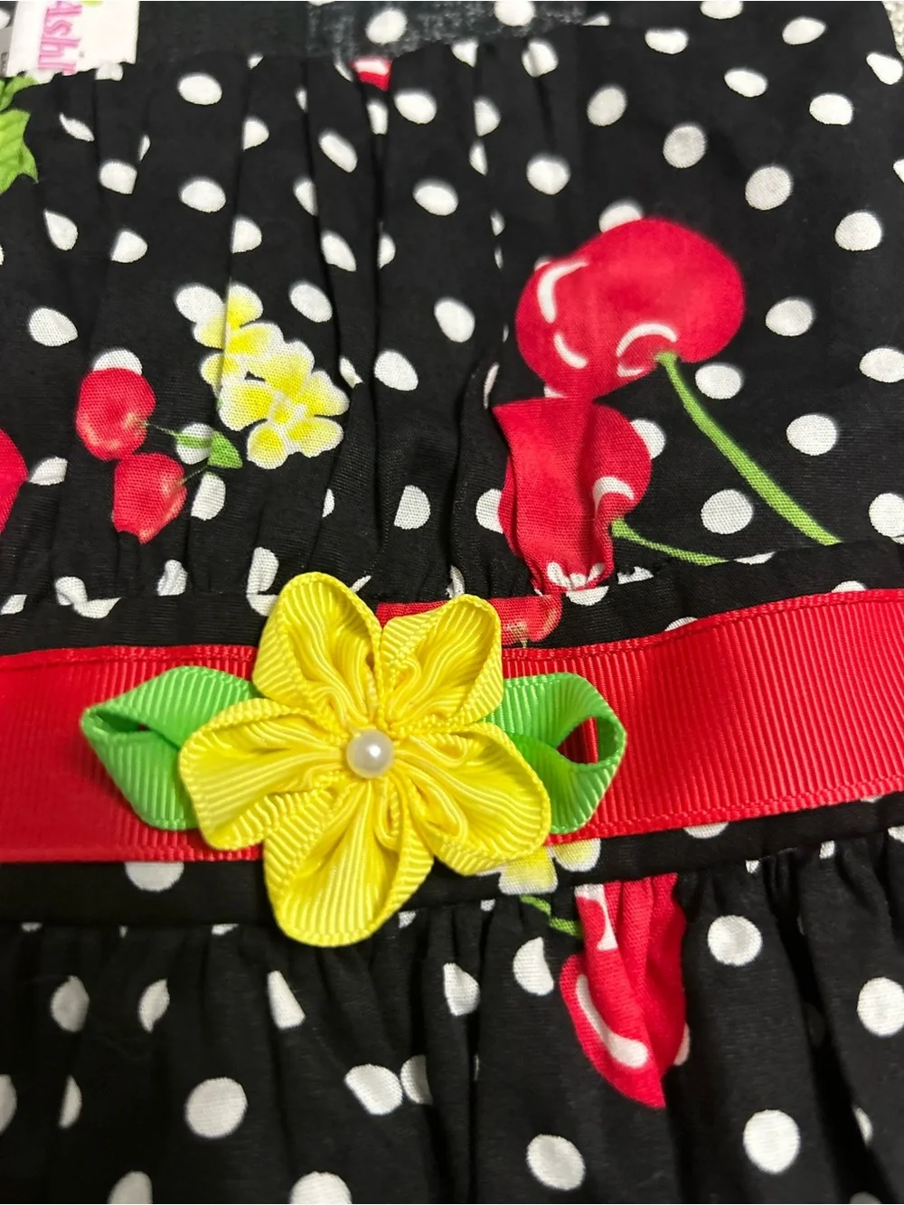 Ashley Ann Black Polka Dot Dress Red Cherry Print and Yellow Flower. SZ 2T NWT